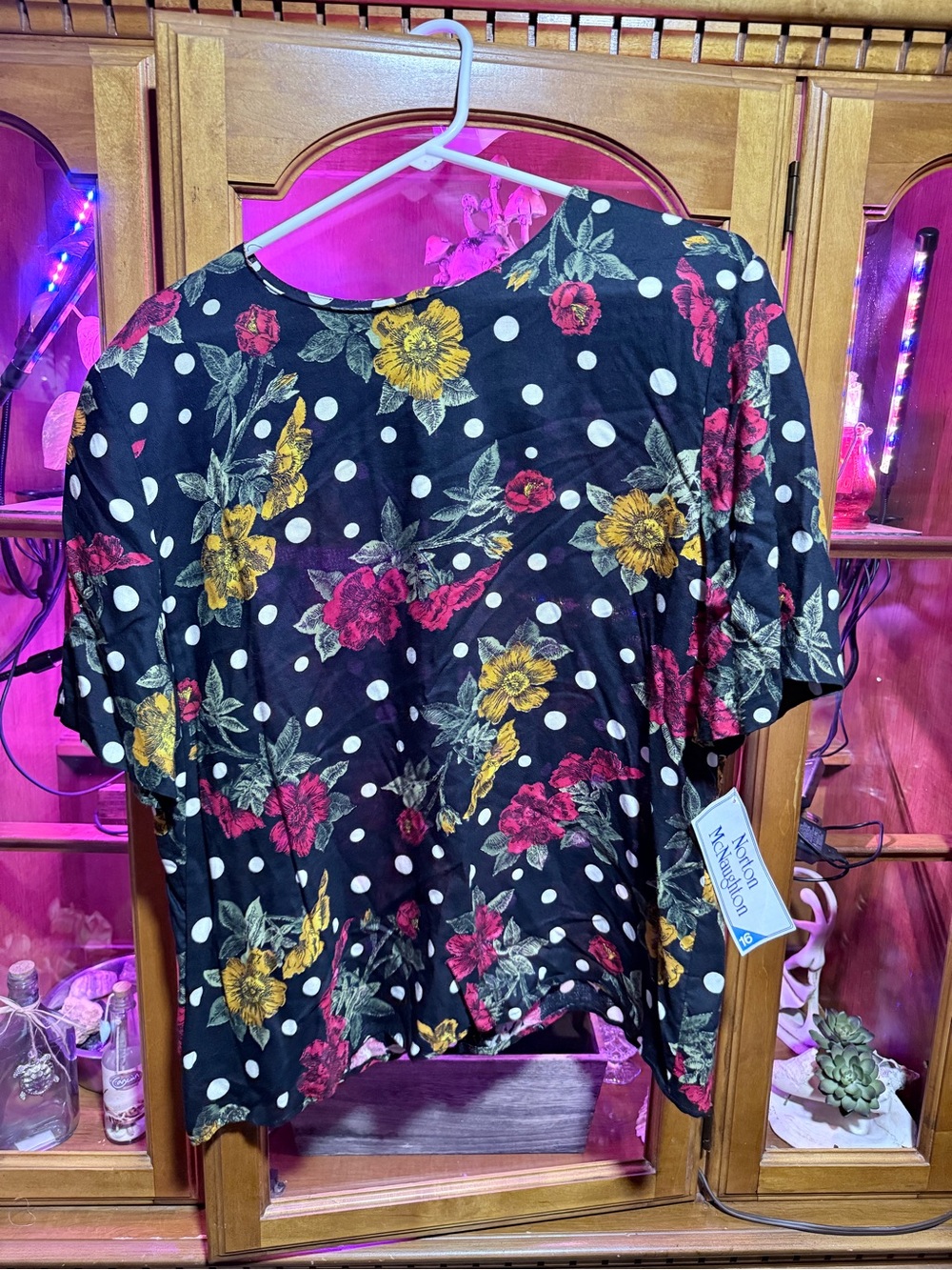 Norton McNaughton Black Floral & White Polka Dot Short Sleeve Top